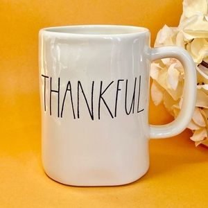 RAE DUNN Farmhouse THANKFUL Original Magenta Large M Ceramic 18oz Ivory Mug